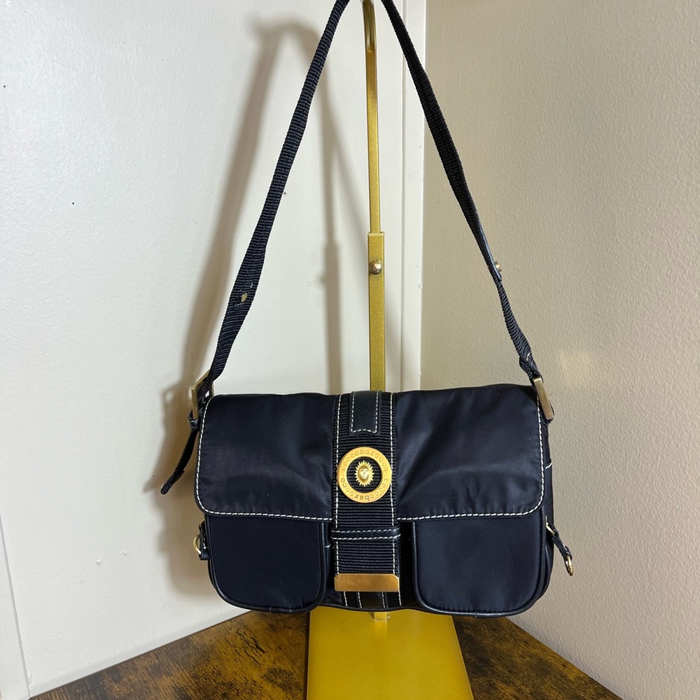 Black Shoulder Bag with Gold Sun Emblem
